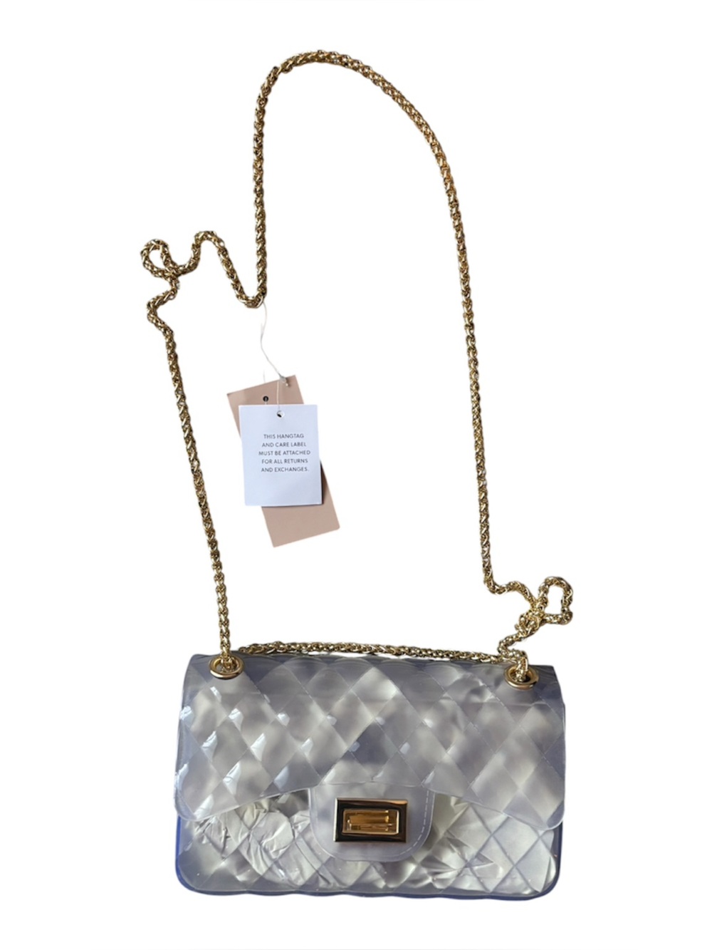 JustFab Clear/Seethrough Quilted Crossbody with Gold Chain Strap